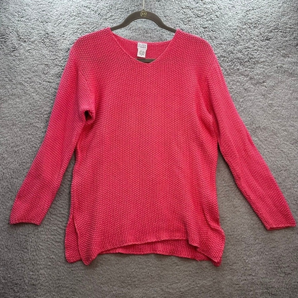 Eileen Fisher Small Pink 100% Cotton Textured V-Neck Sweater Side Slit Luxury